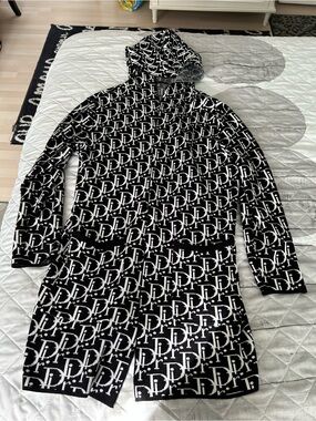 Black & White Long Sleeve Hooded Knit sweaters with Monogram Pattern. Fits s-m